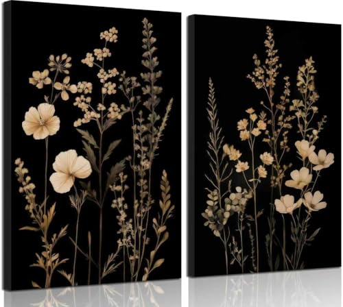 2Psc Dark Botanical Wall Art Vintage Black Flower Painting Picture Wall Decor Moody Flower Poster Print Artwork for Living Room Bedroom or Office Home Decoration 12x16 Inch - color: Retro Flowers 7, size: 16"L x 12"W