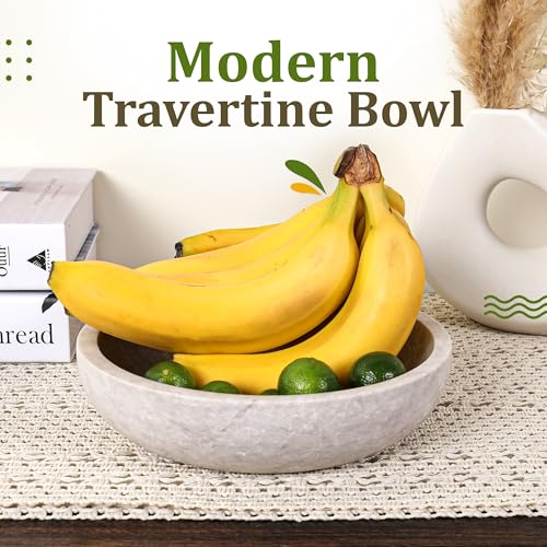 FNTSTICGOODS Travertine Decorative Bowl - 7.8” Diameter & 2” Height - Key Bowl for Entryway Table - Organic Modern Centerpiece - White/Gray - color: White/Gray - Travertine
