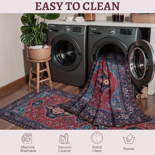 Tangsoo Washable Entryway Rugs 2x3 Vintage Non Slip Small Area Rug, Indoor Front Door Rug, Print Distressed Door Mat Indoor Entrance Soft Low Pile Throw Rug for Entry Kitchen Bedroom Burgundy/Navy - color: Burgundy/Navy, size: 2' X 3' (Rectangular)