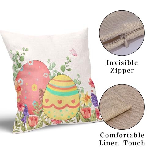 Happy Easter Pillow Covers 16x16 Inches Easter Bunny Rabbit Throw Pillow Case Set of 2 Colorful Eggs Pillow Cover Cotton Linen Spring Floral Cushion Cover for Home Couch Sofa Bedroom Livingroom - color: Easter Bunny231123, size: 16" x 16" (Pack of 2)