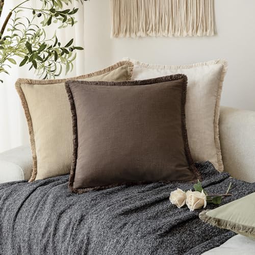 Foindtower Set of 2 Decorative Linen Fringe Throw Pillow Covers Boho Farmhouse Cushion Cover with Tassels Soft Accent Pillowcase for Couch Sofa Bed Living Room Home Decor,16×16 Inch,Reddish Brown - color: Reddish Brown, size: 16" x 16" (Pack of 2)