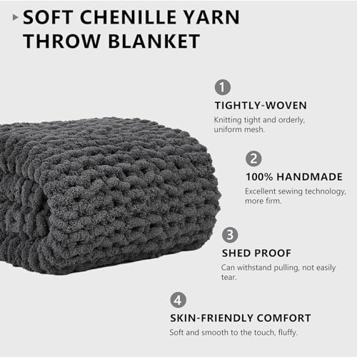 L'AGRATY Chunky Knit Blanket Throw - Soft Chunky Throw Blanket 30x40: 100% Hand Kintted Chenile Crochet Throw Blanket for Couch - Large Cable Knit Chunky Blanket for Home Decor(Dark Grey) - color: Charcoal Grey, size: 30"x40"