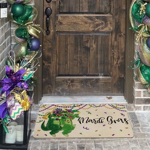 Mardi Gras Door Mat,Green Alligator New Orleans Carnival Masquerade Mask Beads Indoor Outdoor Non-Slip Doormat,Entryway Front Porch Welcome Mat for Entrance Decor 30" x 17" - color: Mardi Gras Doormat 3
