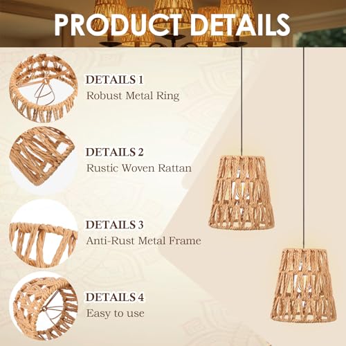 6 Pcs Small Rattan Bell Lamp-Shade, Rattan Lamp Shade,Boho Lamp-Shades Replacement Bohemian Style Light-Shade Replacement for Floor Lamp Pendant Light Wall Sconces(Rattan,Brown,Clip on)