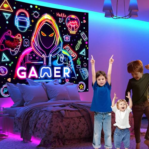 Apdidl Blacklight Gaming Wall Tapestry for Bedroom, Glow in the Dark Funny Game Player Boys Room Decor Tapestries, Cool Gamer Posters UV Reactive Neon Wall Hanging for Kids Living Room Dorm 51" X 60" - color: Gamer Blacklight Tapestry, size: 60"L x 51"W