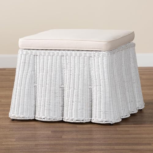 Bali & pari Palm Bohemian White Scallop Rattan Ottoman - color: White