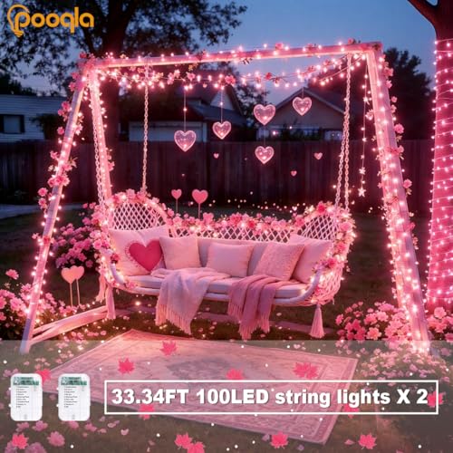 Pooqla 2 Pack String Lights Battery Operated, Total 66.6ft 200 LED Fairy Lights Indoor Outdoor Decorations, 8 Modes Pink Battery Lights for Wedding Valentine's Day Bedroom Porch Party Yard Decor - color: Pink, size: 100 LED x2