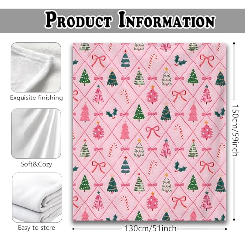 Coquette Pink Bow Christmas Throw Blanket for Couch, Preppy Christmas Decor, Pink Girly Xmas Tree Candy Cane Throw Blanket for Girls Bedroom Living Room Decoration, 50x60 Inches - color: Color_17