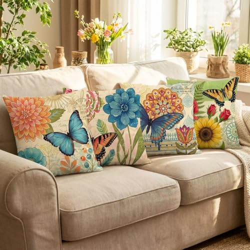 wyooxoo Spring Summer Pillow Covers 18x18 Set of 4 Farmhouse Throw Pillow Covers Linen Flower Butterfly Decorative Pillowcases for Sofa Couch Living Room Outdoor - color: Color D, size: 18" x 18" (Pack of 4)