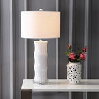 JONATHAN Y 26.5" White Ceramic Table Lamp for Living Room, Bedroom Nightstand, White Linen Drum Shade, Bamboo Design Modern Bedside Desk Lamp with LED Bulb Included (JYL3015C) - color: White