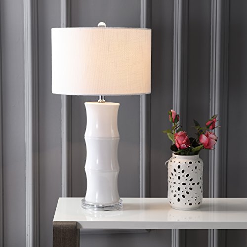 JONATHAN Y 26.5" White Ceramic Table Lamp for Living Room, Bedroom Nightstand, White Linen Drum Shade, Bamboo Design Modern Bedside Desk Lamp with LED Bulb Included (JYL3015C) - color: White