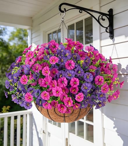 Artificial Faux Hanging Flowers Plants Basket for Spring Summer Outdoors Decoration, Silk Morning Glory with Eucalyptus Look Real UV Resistant Fake Flowers for Outside Porch Patio Balcony Home, Mix - color: Purple-fuchsia