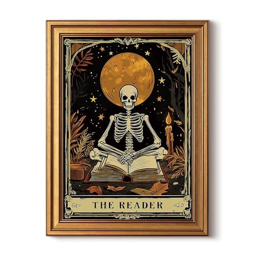 HUARCEY Gold Framed Canvas Wall Art, Skeleton Reader Tarot Picture Decor, Library Reading Room School Decor, Book Lover Witchy Gothic Halloween Canvas Paintings, 12x16inch - color: Skeleton Reader Art, size: 16"L x 12"W