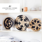 Wall Basket Decor, Woven Hanging Set of 3, Boho Circular Flat Decorative Baskets - Natural Seagrass Bowls for Living Room, Bedroom, Rattan Wall Decor Art - Handwoven (Black)