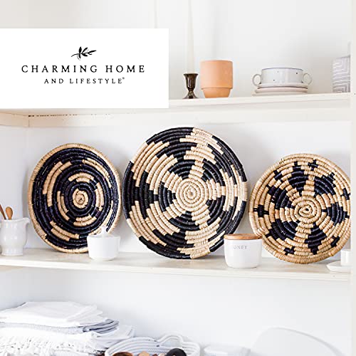 Wall Basket Decor, Woven Hanging Set of 3, Boho Circular Flat Decorative Baskets - Natural Seagrass Bowls for Living Room, Bedroom, Rattan Wall Decor Art - Handwoven (Black)
