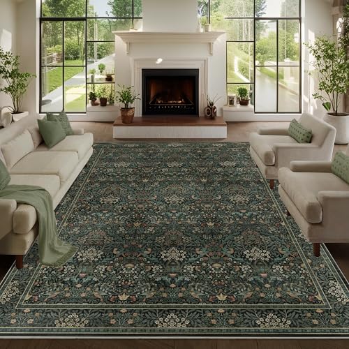 8x10 Floral Washable Area Rug for Living Room, Vintage Boho Rug for Bedroom Dining Room， Distressed Botanical Birds Non Slip Low Pile Forest Animal Throw Carpet for Farmhouse Office, Dark Green - color: Dark Green, size: 8' x 10' (Rectangular)