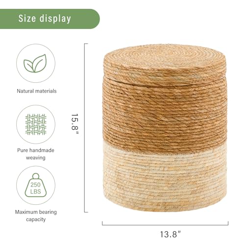 Wimarsbon Storage Pouf Ottoman, Hand Weaving Natural Straw Foot Stool, Bohemian Round Patio Ottomans, Rustic Lounge Pouffe, Outdoor Extra Seat for Garden (14inch Cattail+Beige Corn Husk L) - color: 14inch Cattail+beige Corn Husk L