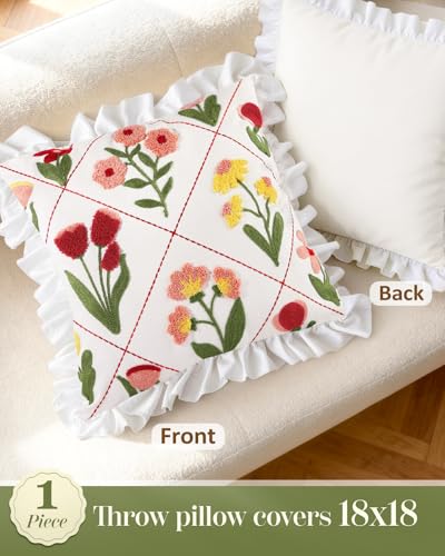 Embroidered Throw Pillow Cover - 18x18 Decorative Pillow Cover with Zipper Aesthetic Cute Design Boho Spring Summer Throw Pillowcase for Living Room Couch Sofa Bed, Ruffle Floral - color: Ruffle-floral, size: 18" x 18" (Pack of 1)