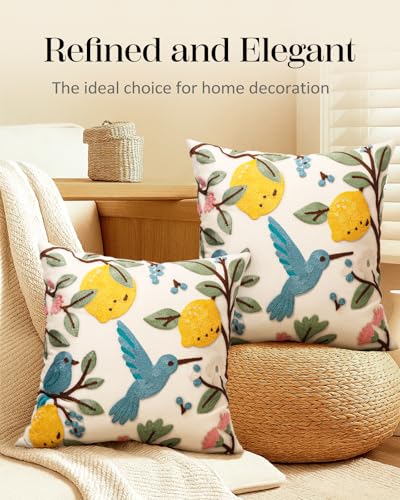 Embroidered Throw Pillow Covers 18x18 Inch - Set of 2 Summer Spring Boho Decorative Pillow Covers with Zipper for Living Room Couch Sofa Bed Aesthetic Design Bird Lemon Cushion Pillowcases - color: Bird Lemon, size: 18" x 18" (Pack of 2)