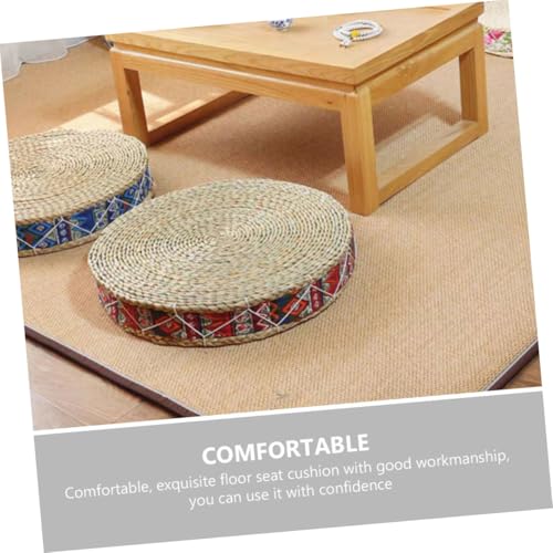 SUPVOX Woven Floor Pillow Meditation Cushion Handmade Indoor Seating Mat 30cm Diameter Bohemian Red Natural Grass Floor Cushion for Mindfulness Practice and Home Decor