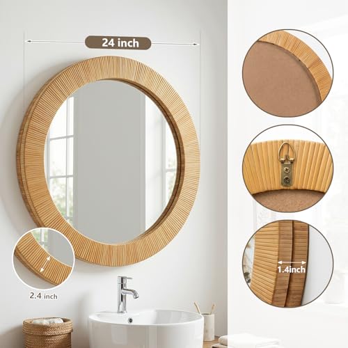 Round Rattan Wall Mirror for Bathroom 24 Inch Decorative Boho Circle Wicker Mirror Farmhouse Nature Wood Frame Woven Mirror for Bedroom Living Room Entryway - size: 24"L x 24"W