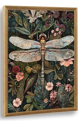 ICHZUMW William Morris Vintage Dragonfly Canvas Wall Art Framed, Green Botanical Wall Decor Pictures for Bedroom Living Room, Colorful Nature Painting Artwork Prints, Rustic Home Decorations, 12x16in - color: Dragonfly, size: 16"L x 12"W