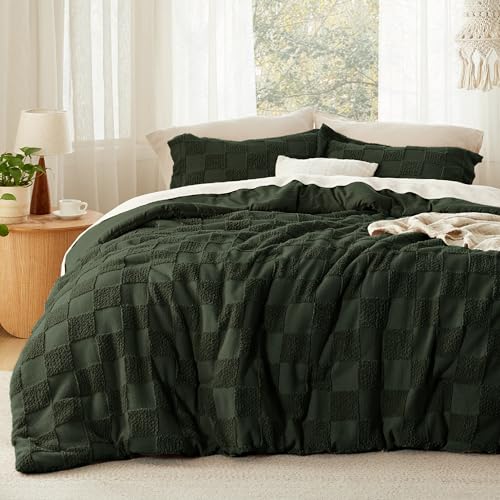 Bedsure Full Size Comforter Set Dark Olive Green, Boho Tufted Bed Set, Checkered Farmhouse-Style Distressed Vintage Bedding, 3 Pieces, 1 Plaid Geometric Comforter and 2 Pillow Shams - color: 02 - Dark Olive Green - Tufted Checkboard, size: Full