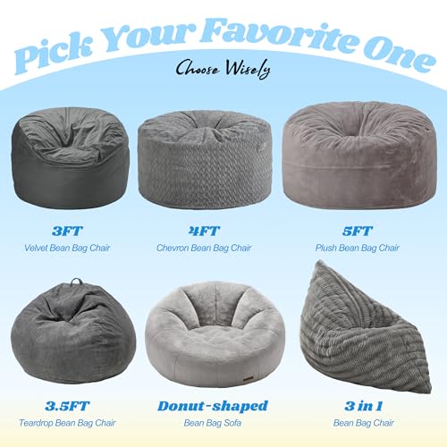 Hobestluk 3 in 1 Bean Bag Chair Giant Bean Bag Chairs for Adults with Ripple Cover Convertible Bean Bag Floor Cushion with Machine Washable Cover for Living Room (Ripple Grey) - color: Muted Grey