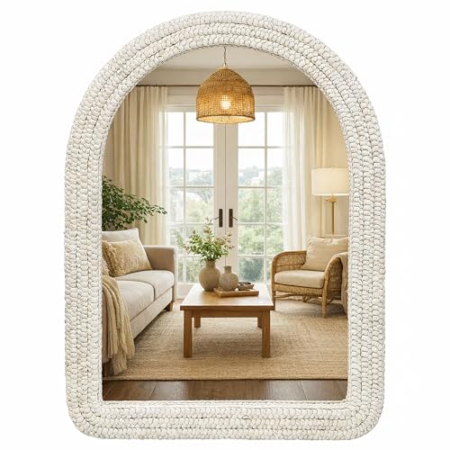 30" x 40" Arched Wall Mirror, Handwoven Natural Corn Husk Fiber with Light Whitewashed Finish, Warm Boho Coastal Style for Entryway, Bedroom, Living Room, Vertical Hanging - size: 40"L x 30"W