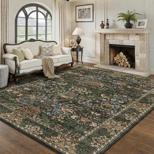 6x9 Floral Washable Area Rug for Living Room, Vintage Boho Rugs for Bedroom Dining Room, Botanical Birds Non Slip Low Pile Forest Throw Carpet for Farmhouse Office, Retro Gold/Green - color: Gold Green (Larger Pattern), size: 6' x 9' (Rectangular)