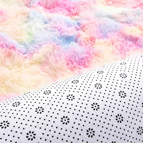 junovo Ultra Soft Washable Shaggy Rug - Non-Slip Oval Carpet for Nursery, Kids Bedroom & Home Decor (2.6x5.3ft Tie-Dye Rainbow) | Plush Fluffy Floor Mat for Cozy Living Spaces - color: Tie-dye Rainbow, size: 2.6' x 5.3'