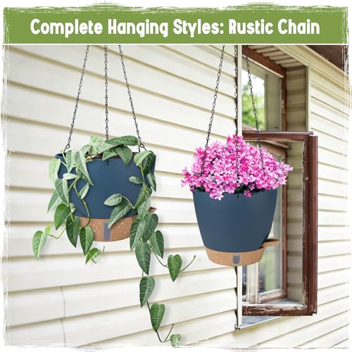 Self-Watering Hanging Planters with Water Level Window, 8/10 Inch Indoor Outdoor Hanging Plant Pots Includes Chain Hangers with Drainage Holes & Detachable Reservoir (Blue, 8+10 inch) - color: Blue