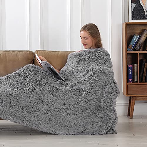 Tuddrom Decorative Extra Soft Faux Fur Throw Blanket 50"x60",Solid Lightweight Fuzzy Reversible Long Hair Shaggy Blanket,Fluffy Cozy Plush Mink Fleece Comfy Microfiber Blanket for Couch Sofa Bed, Grey - color: Gray, size: Throw-50" x 60"