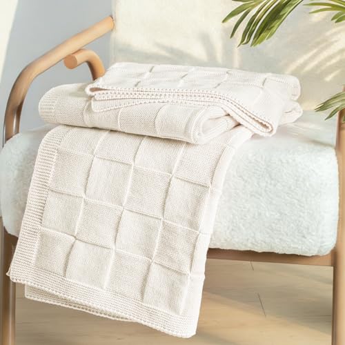 Whale Flotilla Checkered Knit Throw Blanket for Couch, Soft Decorative Knitted Blankets for Sofa Bed, Lightweight Cozy Throws for Spring Summer, 50x60 Inch, Ivory - color: White, size: 50x60 Inch