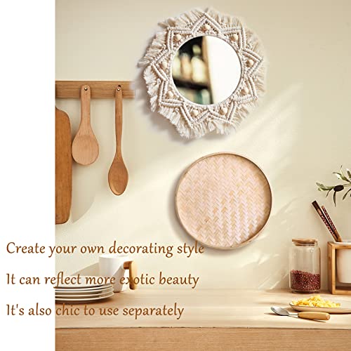 Boho Wall Basket Decor Set - Flat Woven Macrame Tapestry, Mirror White Round Tassels, Handmade Rattan Wicker Seagrass Wall Basket - color: White, size: Style 3
