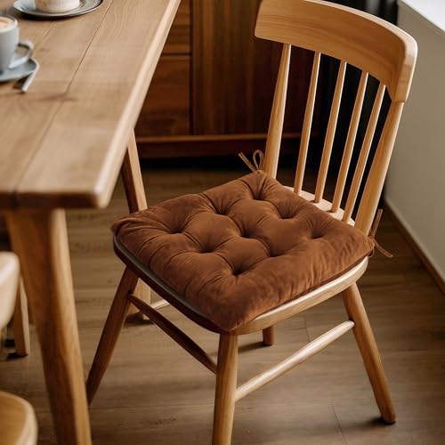 ELFJOY 4 Pack Chair Cushions for Dining Chairs Chair Pads Cushion for Kitchen Office Tufted Square Seat Cushion with Ties (16" Coffee Velvet) - color: Coffee Velvet