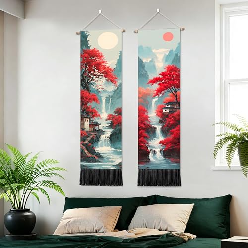 seewan 2 Pack Long Vertical Wall Tapestry, Boho Nature Landscape & Floral Aesthetic Wall Hanging for Bedroom Living Room Home Decor, Long Narrow Art Tapestry with Sunrise Mountain Botanical Designs, 13" × 51" (Crimson Forest Vista, 13"Wx51"H, Unframed) -