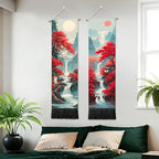 seewan 2 Pack Long Vertical Wall Tapestry, Boho Nature Landscape & Floral Aesthetic Wall Hanging for Bedroom Living Room Home Decor, Long Narrow Art Tapestry with Sunrise Mountain Botanical Designs, 13" × 51" (Crimson Forest Vista, 13"Wx51"H, Unframed) -