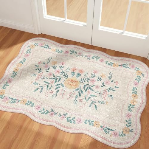 Scalloped Door Mat 2x3 Small Pink Floral Washable Entryway Rug | Soft Low Pile Non Slip Rug for Bedroom, Kitchen, Laundry Bathroom,Front Door Rug ,door mat - color: Pink Scalloped, size: 2' x 3' (Rectangular)