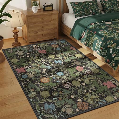 Area Rug 3x5 for Entryway, Washable Vintage Farmhouse Botanical Rug, Non Slip Low Pile Thin Floor Decor Soft Accent Rug for Front Door Kitchen Bedroom Playroom Living Room Black Green - color: Black, size: 3'x5'