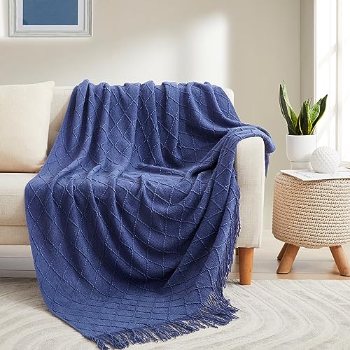 Acrylic Knitted Throw Blanket, Lightweight and Soft Cozy Decorative Woven Blanket with Tassels for Couch, Bed, Sofa, Travel, Suitable for All Seasons, 50 x 60 Inches, Navy - color: Navy