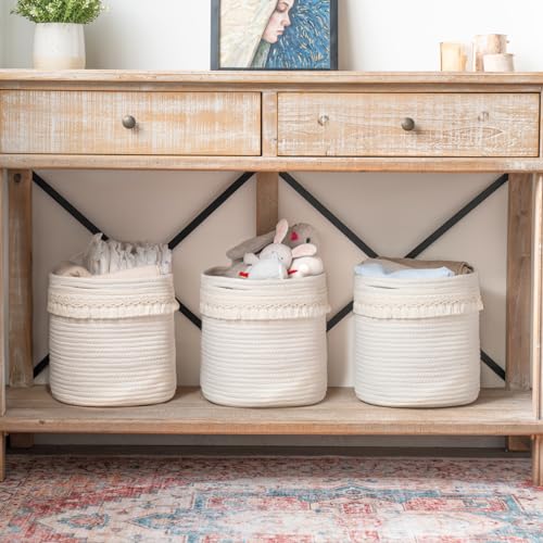 Mkono Macrame Decorative Cotton Rope Basket Boho Nursery Decor Small Cute Woven Tassel Closet Storage Bins Organizer for Baby Toys,Magazines, Potted Plants Cover,Living Room,Bedroom, 11"x11" - size: 11"x11"