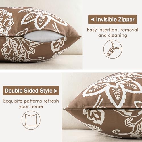 Decorative Outdoor Floral Pillow Covers Set of 2,Waterproof Boho Farmhouse Throw Pillows Summer Accent Pillowcases for Patio Furniture Garden Sofa 18x18 Inch, Coffe Brown - color: Coffe Brown