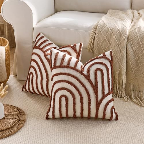 vctops Boho Throw Pillow Covers Set of 2, Modern Mid Century Arched Tufted Decorative Cushion Cover Farmhouse Rustic Geometric Textured Pillowcases for Sofa Bed Living Room (Brown,18"x18") - color: Brown