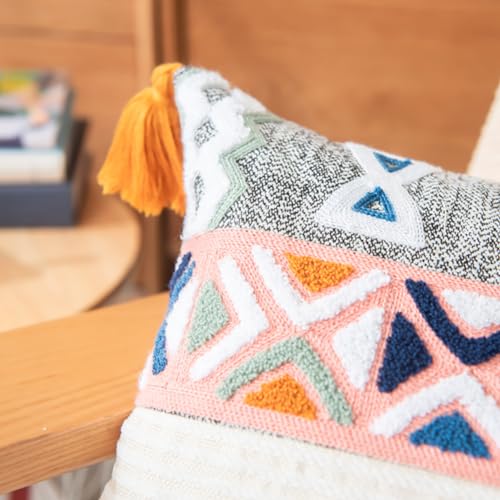 vctops Boho Tufted Throw Pillow Cover with Tassels, Bohemian Geometric Embroidery Cushion Cover Square Decorative Pillowcase for Sofa Couch Bedroom Home Decor, 18"x18" - size: 12"x20"