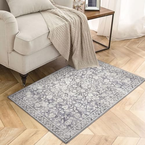 Vintage Entryway Rug, Gray Ivory 2x3 Washable Non-Slip Carpet, Soft Thin Faux Wool Small Area Rug for Front Door, Kitchen, Bedroom, Foyer - color: Gray Ivory 01, size: 2' x 3' (Rectangular)