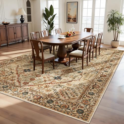 Joydeco 8x10 Area Rugs for Living Room, Non Slip Machine Washable Vintage Rug, Low Pile Chenille Print Rugs for Bedroom, Dining Room, Home Office, Pet & Child Friendly, Tan - color: Tan, size: 8' x 10' (Rectangular)