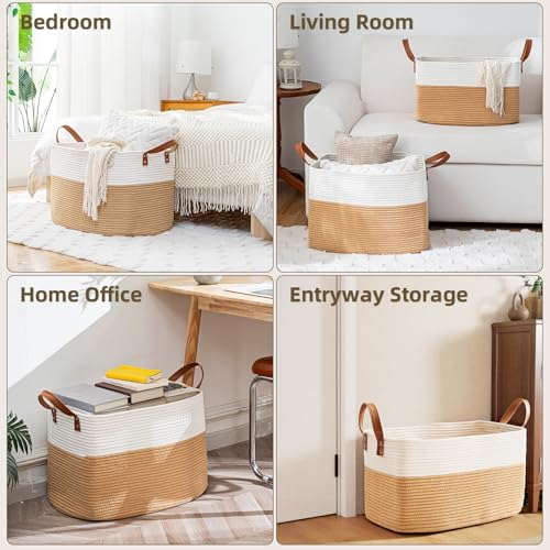 BOLDMONKEY 72L Laundry Basket with Leather Handles,Woven Cotton Rope Blanket Basket,Toy Bin for Baby Room,Laundry Hampers for Bedroom, Living Room,Bathroom,22"x17"x11.8" Khaki - color: Khaki, size: 72L