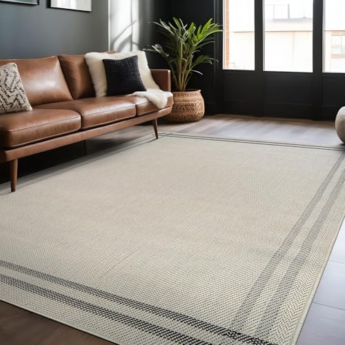 Luul Home Easy Jute Rugs 5x7 Bordered Bone Color Living Room Indoor Outdoor Area Rug for Patio and Kitchen Rug High Traffic Washable Easy to Clean Solid Boho Woven Design Outside Carpet (5 x 7) - color: Bordered/Bone Black, size: 5' x 7' (Rectangular)