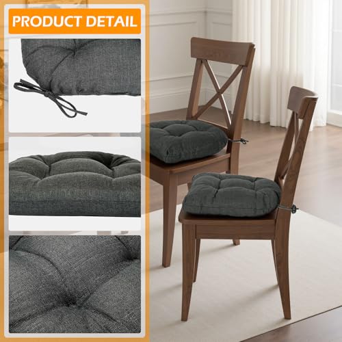 Chair Cushions for Dining Chairs Set of 4, Non Slip Indoor Kitchen Chair Cushions with Ties, Tufted Memory Foam Seat Chair Pads, 17" x 16" x 3", Dark Gray - color: Dark Gray, size: Pack of 4